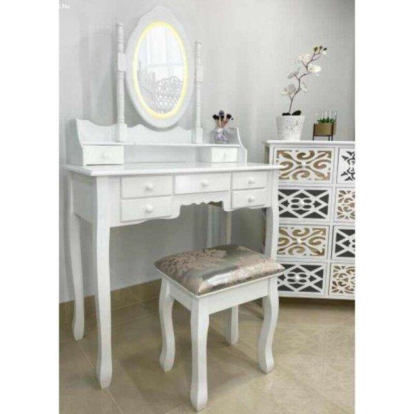 MCT Szépségfésülködő asztal/smink, fehér, LED tükör, szék, 90x40x146
cm
