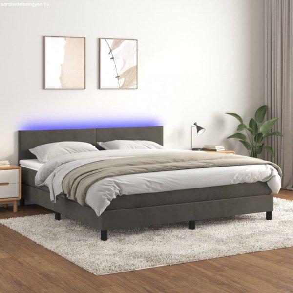 Sötétszürke bársony rugós és LED-es ágy matraccal 180x200 cm
