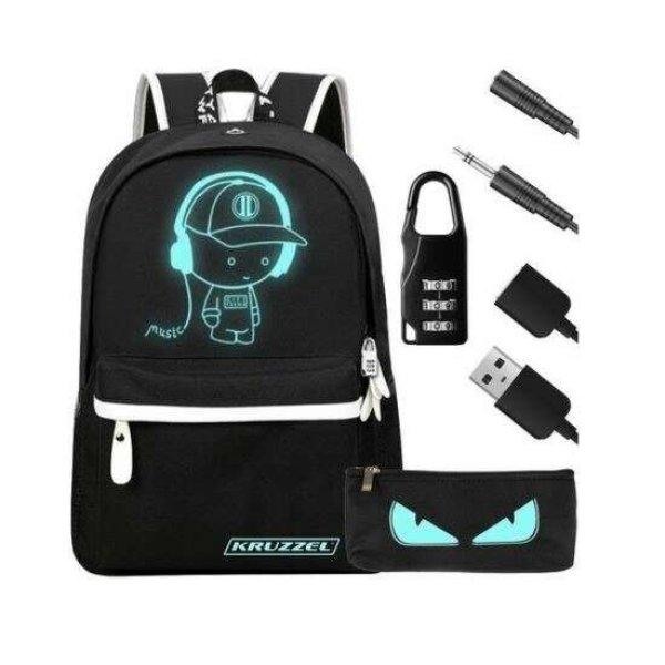 Intelligens hátizsák, sötétben világító, vízálló, USB kábel, mini
jack, lakkozott, fekete, 33x14x42 cm, Kruzzel