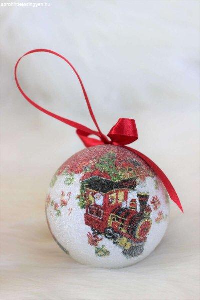 Fehér-piros karácsonyi gömbök vonattal 7cm 14db