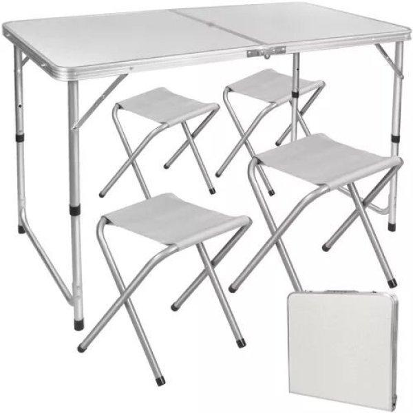Összecsukható kemping szett, 1 db alumínium asztal 4 db székkel, 120×60,5
cm-es asztallappal