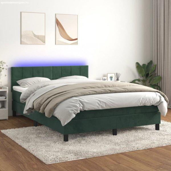 Sötétzöld bársony rugós és LED-es ágy matraccal 140x200 cm
