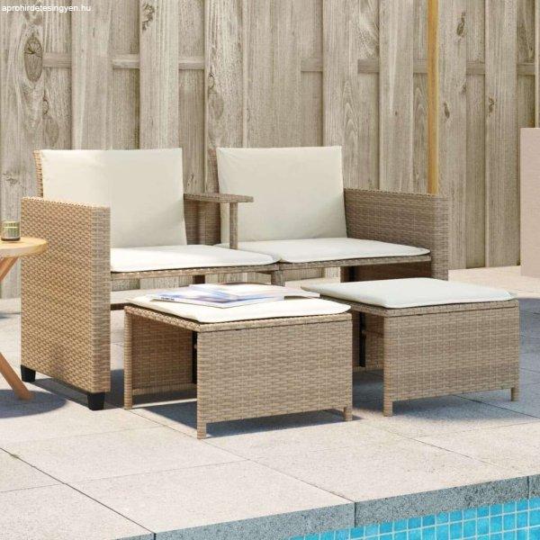 vidaXL 2 személyes bézs polyrattan kerti kanapé asztallal/székkel