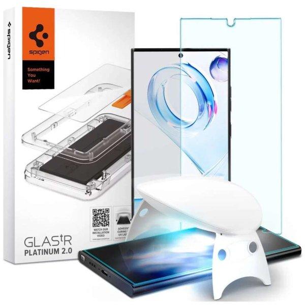 Samsung Galaxy S23 Ultra SM-S918, Kijelzővédő fólia, ütésálló fólia (az
íves részre is!), Tempered Glass (edzett üveg), Spigen Glastr Platinum, Clear