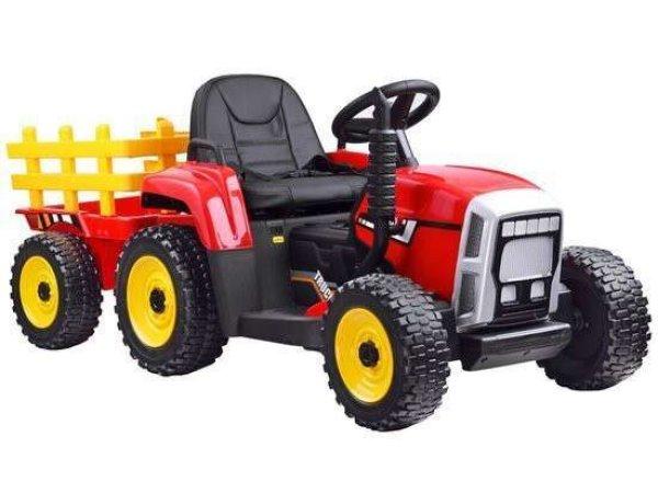 Piros gyermektraktor pótkocsival és távirányítóval