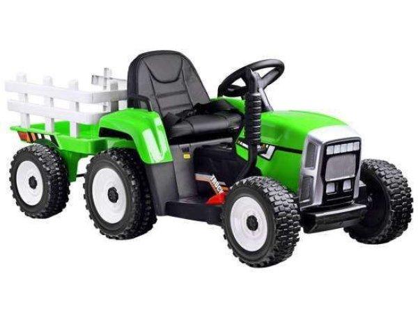 Zöld gyermektraktor pótkocsival és távirányítóval