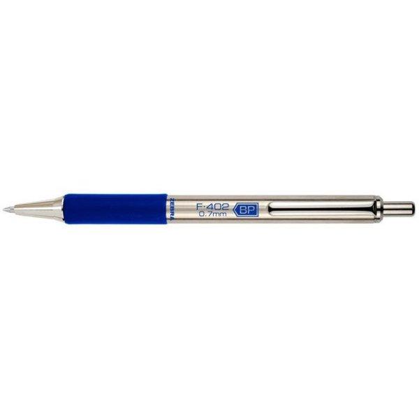 Golyóstoll, 0,24 mm, nyomógombos, rozsdamentes acél, kék tolltest, ZEBRA
"F402", kék
