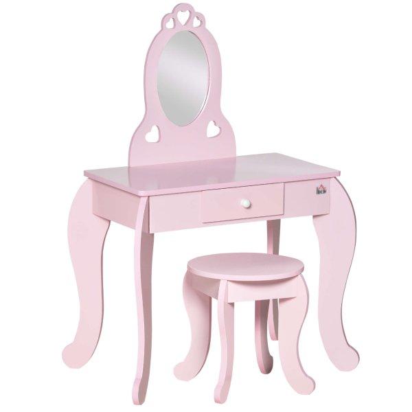 Gyermek fésülködő asztal fa székkel, 60x36x88cm - rózsaszín