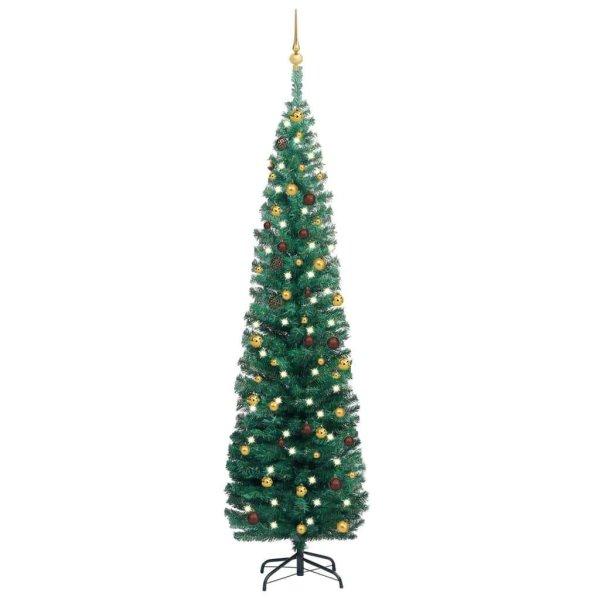 vidaXL zöld vékony műkarácsonyfa LED-del és gömbszettel 210 cm