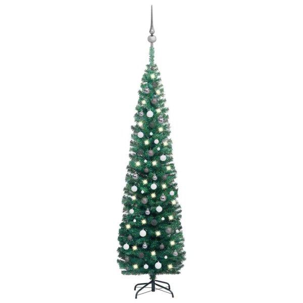 vidaXL zöld vékony műkarácsonyfa LED-del és gömbszettel 240 cm