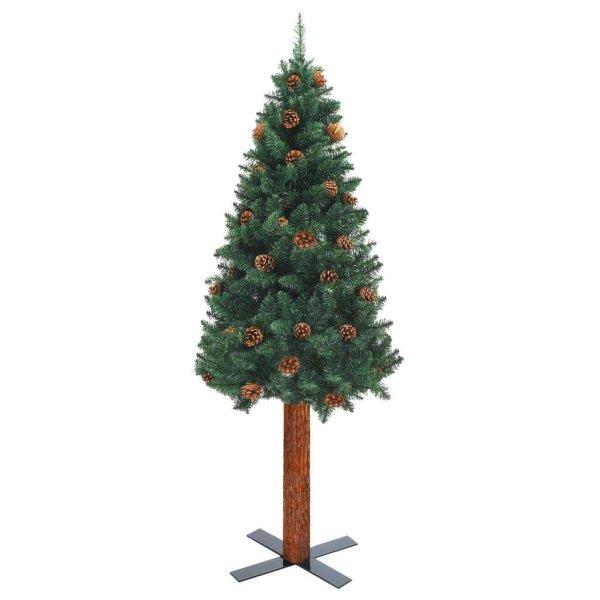 Zöld vékony pvc karácsonyfa valódi fával és tobozokkal 180 cm