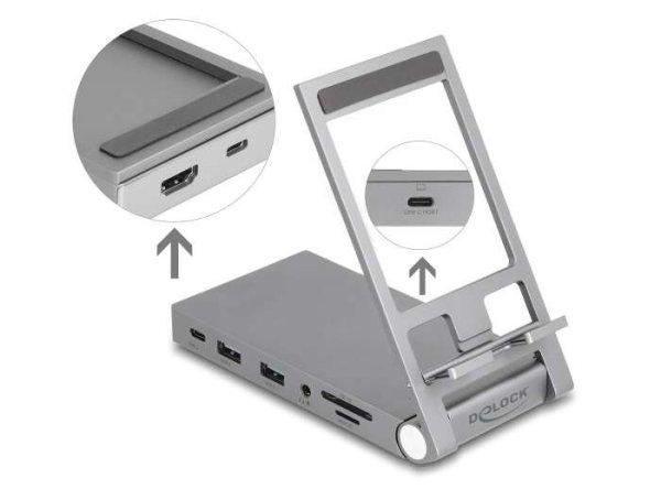 Delock táblagép és notebook dokkoló állomás 4K beépített tartóval -
HDMI / USB / Hub / SD / Micro SD / PD 3.0 - összecsukható