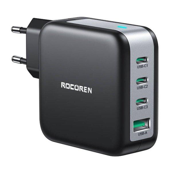 Fali töltő GaN Rocoren 3x USB-C, 1x USB, Power Delivery 3.0, 100W (fekete)