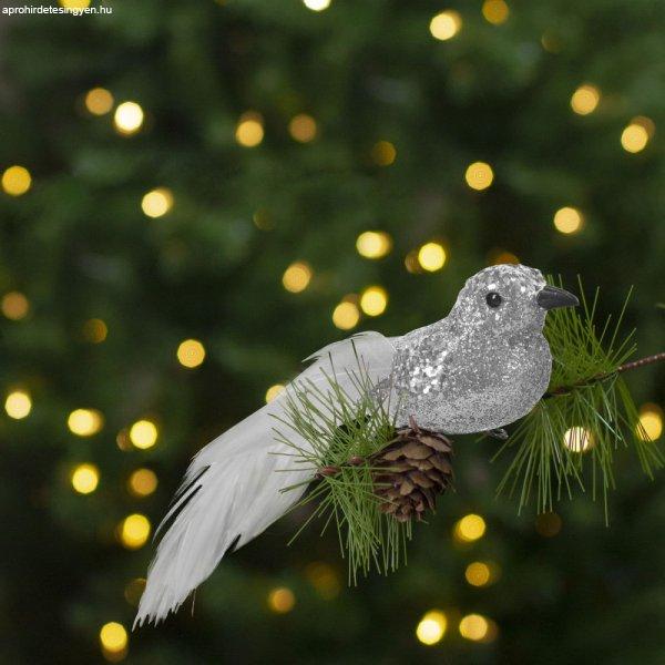 Karácsonyi dísz - csipeszes - glitteres madár - ezüst - 2 db / csomag
