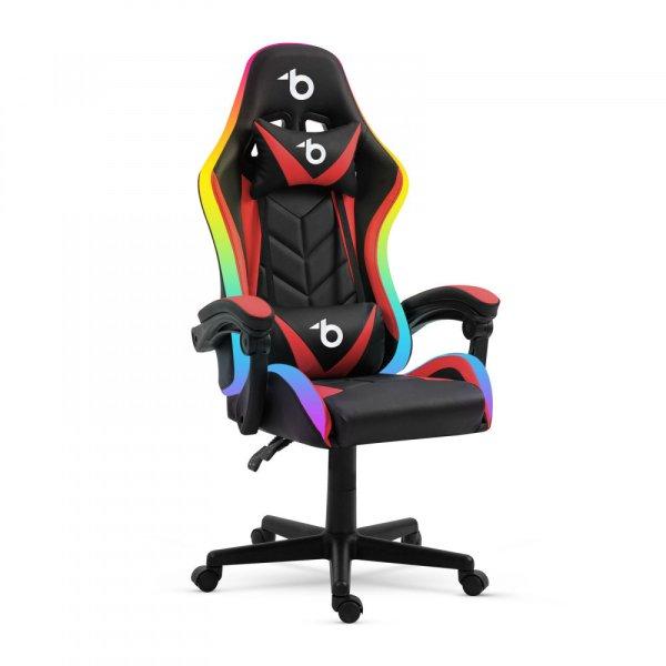 RGB LED-es gamer szék - karfával, párnával - fekete / piros