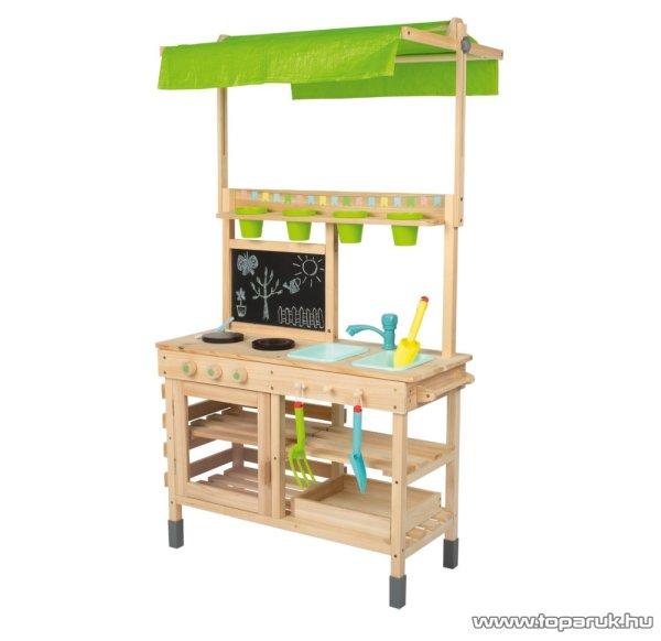 PlayTive Mud Kitchen PREMIUM Kültéri / fából készült kerti játékkonyha,
sárkonyha, mosogatóval, főzőlappal, 2 polccal és tálcával, 77 x 135 x 50
cm