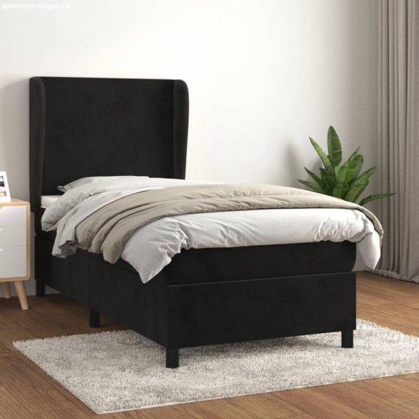 Fekete bársony rugós ágy matraccal 100 x 200 cm