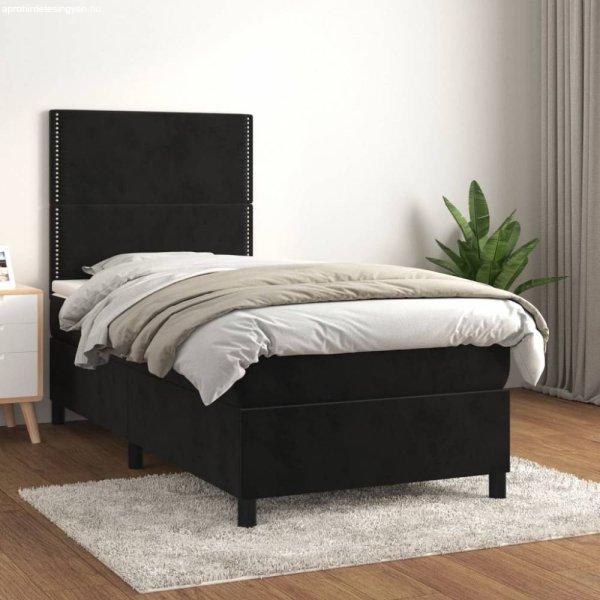Fekete bársony rugós ágy matraccal 100 x 200 cm