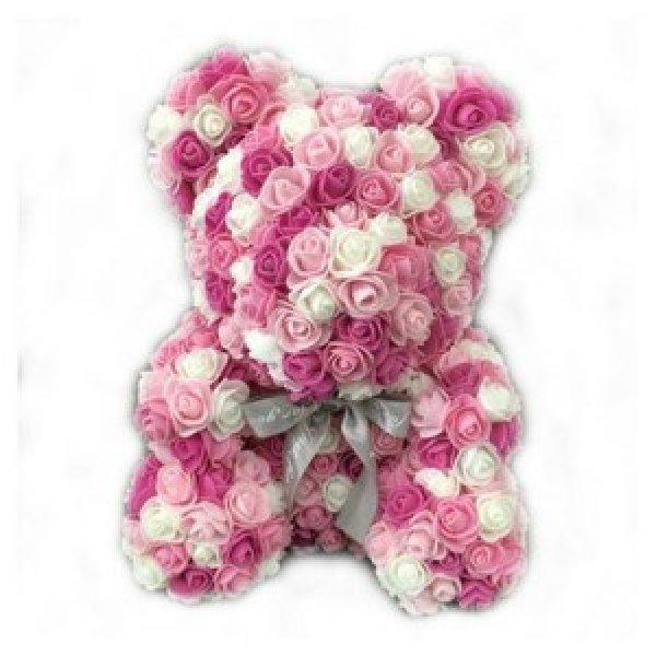 Rózsa maci, örök virág maci díszdobozban 25 cm - Rózsaszín-fehér mix