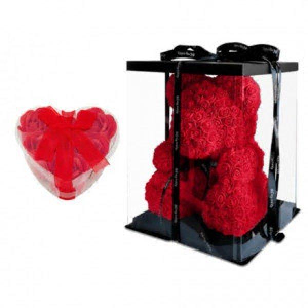 Rózsa maci díszdobozban 40 cm - piros + szív doboz szappan rózsa