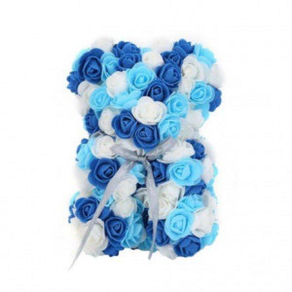 Rózsa maci, örök virág maci díszdobozban 25 cm - kék-fehér mix