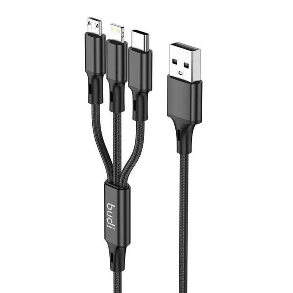 Budi 3 az 1-ben USB-USB-C / Lightning / Micro USB kábel 1 m (fekete).