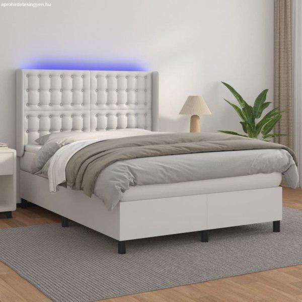 Fehér műbőr rugós ágy matraccal és LED-del 140x190 cm