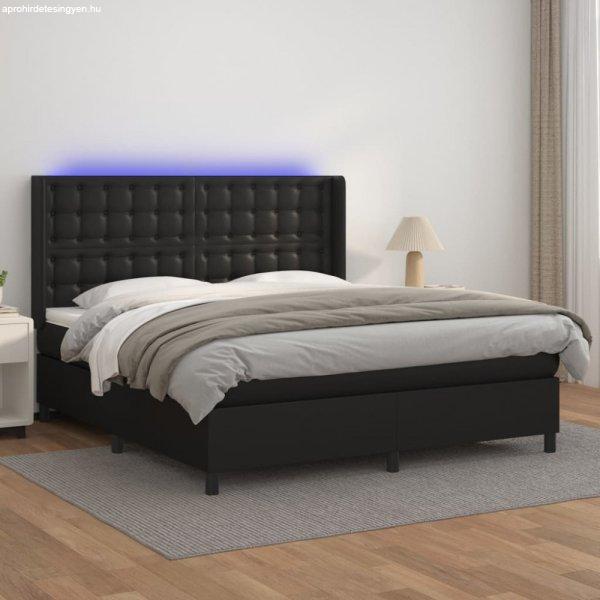 Fekete műbőr rugós ágy matraccal és LED-del 160x200 cm