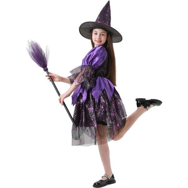 Boszorkány jelmez lányoknak, kúpos és érett kalappal, ideális maszkos
partikra, Halloweenre, születésnapokra, 140-es méret