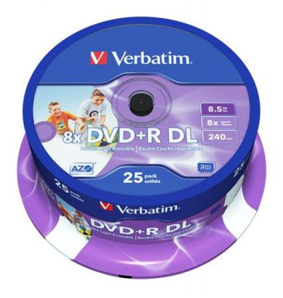 DVD+R lemez, kétrétegű, nyomtatható, no-ID, 8,5GB, 8x, 25 db, hengeren,
VERBATIM "Double Layer"