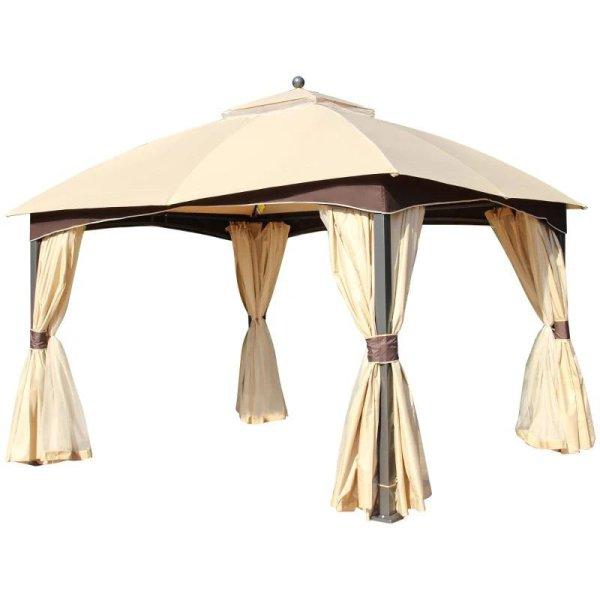 Sunny pavilon party sátor pergola 3 x 4 m kerti  4 db oldalfalakkal
szúnyoghálóval dupla tető fém poliészter khaki+barna