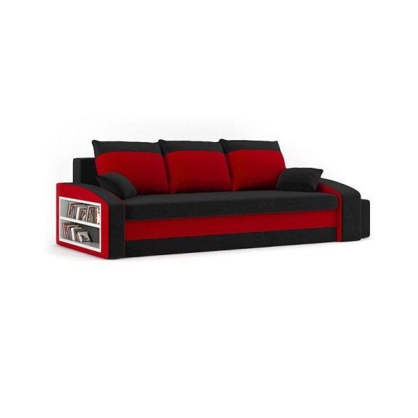 Monviso kanapéágy polccal és 2 db puffal, normál szövet, hab töltőanyag,
bal oldali polc, jobb oldali puff tároló, fekete / piros