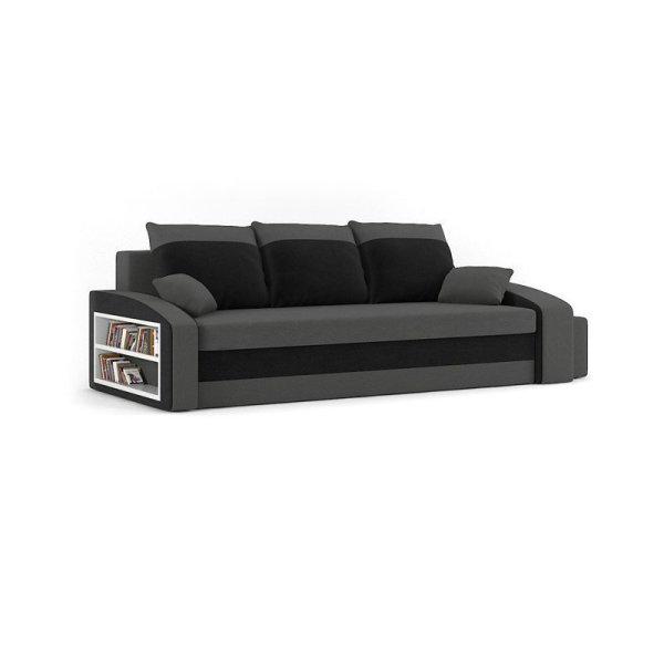 Monviso kanapéágy polccal és 2 db puffal, normál szövet, hab töltőanyag,
bal oldali polc, jobb oldali puff tároló, szürke / fekete
