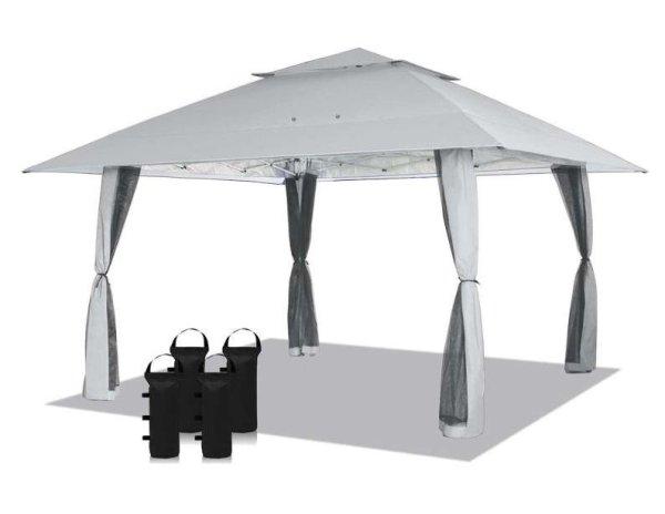 Kerti összecsukható pavilon party sátor pergola 4 x 4m szúnyoghálóval
lábsúllyal világosszürke színben