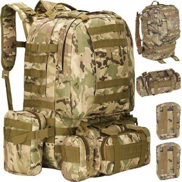 Katonai-túlélő hátizsák túrázáshoz, 45+3,5 literes kapacitással, 3 db
lecsatolható résszel, terepszínű