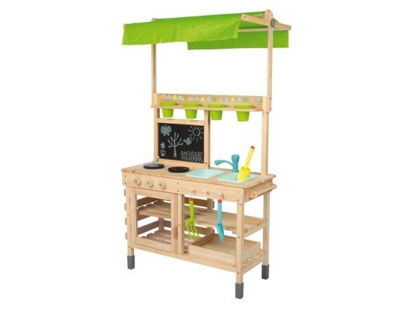 PlayTive Mud Kitchen Premium 77 x 135 x 50 cm kültéri - kerti fa
játékkonyha, sárkonyha, babakonyha fából, mosogatóval, főzőlappal,
polcokkal és rajztáblával