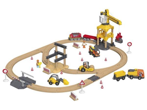 PlayTive Construction Site Train Set - Építkezés, 59 darabos fa vonat szett
elemes mozdonnyal, munkagépekkel és daruval