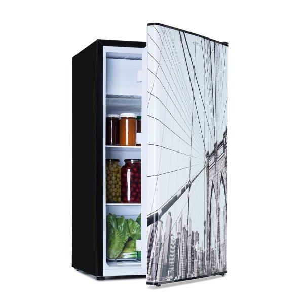 Klarstein CoolArt 79L, kombinált hűtő-fagyasztó, EEK E, fagyasztórekesz 9
l, formatervezett ajtó