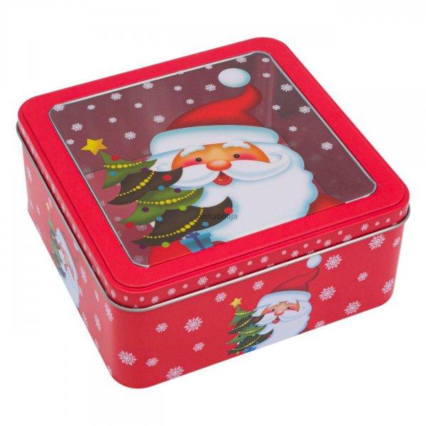 Karácsonyi fém doboz négyzet Piros Mikulás 18x18x7,5 cm