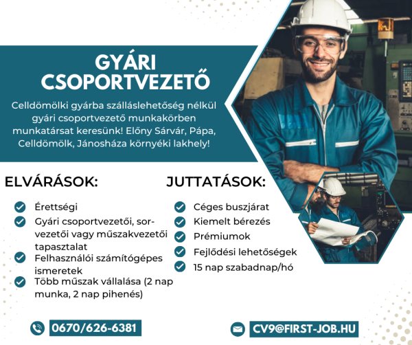 Gyári csoportvezető Celldömölk