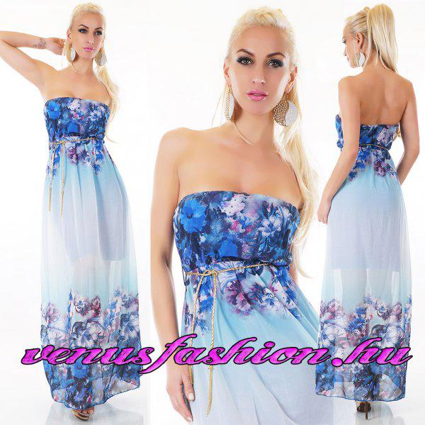 Csodás virágmintás kék maxi női ruha