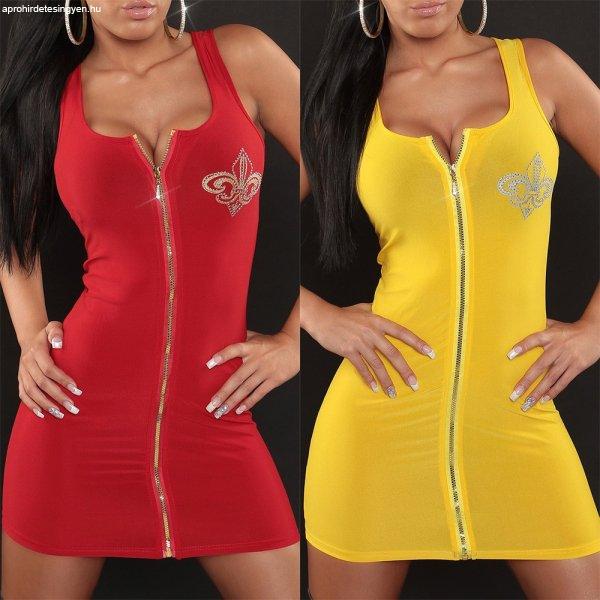 Cipzáros testhezálló női ruha miniruha piros sárga