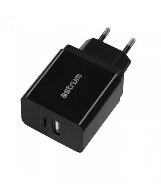 Astrum CH260 fekete hálózati töltőfej 1X USB-C, 1X USB, 2,4A total output,
Smart IC 12W