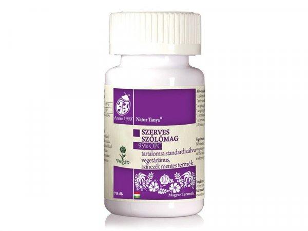 Natur Tanya® Szerves Szőlőmag és Ginkgo biloba. 95% OPC, 24% flavon glikozid
és 6% terpén laktonra standardizált tabletta (70 db)