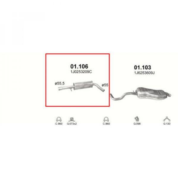 Kipufogódob, közép, Audi A3, Seat Toledo, Skoda Oct, VW Golf IV, Bora,
Beetle, 1.8-2.3, 1996-2010