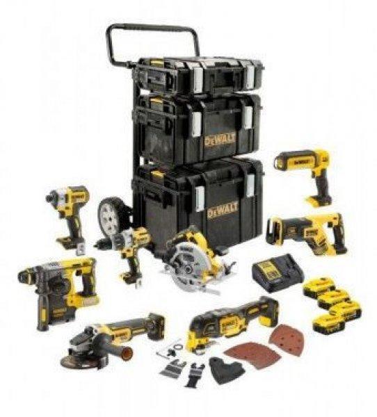 18V-os 8 gépes Combopack
(DCD996+DCF887+DCS355+DCG405+DCS570+DCH273+DCS367+DCL050), 4x5.0 Ah, 3xTough
Sys, kocsi