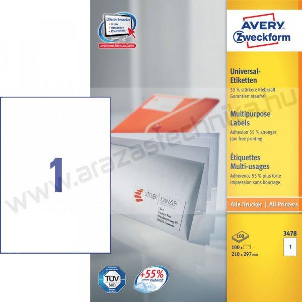 3478 Avery univerzális címke - fehér 210x297mm