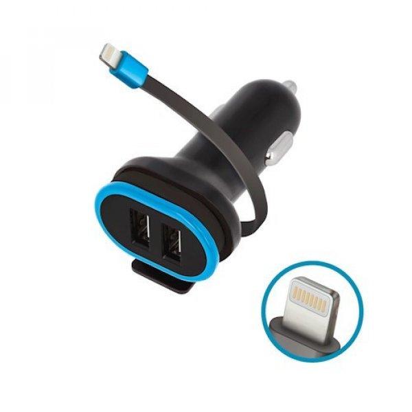 Forever Super Fast szivargyújtó töltő 2x USB és 1x Lightning kábellel,
(Max 3A) 15W