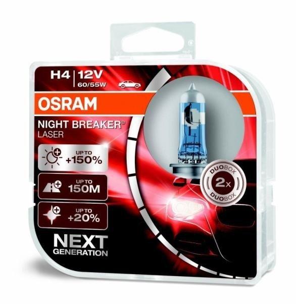 OSRAM NIGHT BREAKER LASER H4 12V 60/55W +150% 64193NL 2db gen2 halogén izzó
+150%