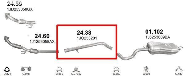 Kipufogócső, Audi A3, Seat Leon, Toledo, Skoda Oct., VW Beetle, Golf IV, Bora,
1.9D, 1996-2009